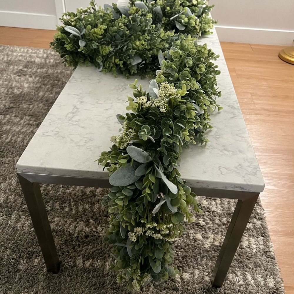 8ft Faux lambs ear, boxwood & baby’s breath garland runner